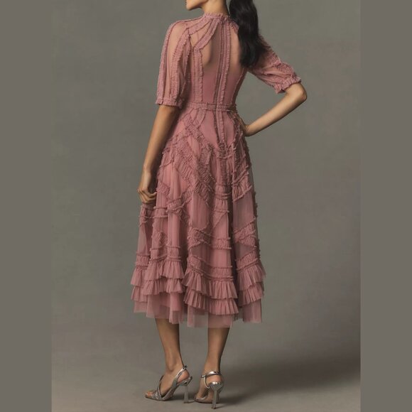 Anthropologie‎ Mac Duggal 8058 Pink High Neck Micro Ruffle Tiered Midi Dress - Picture 4 of 6